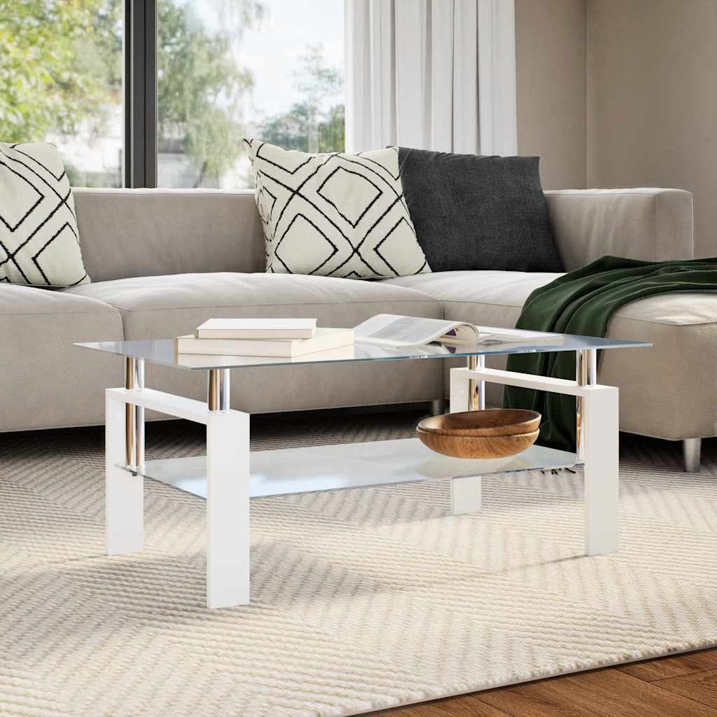 Coffee Table White and Transparent Tempered Glass, Melamine