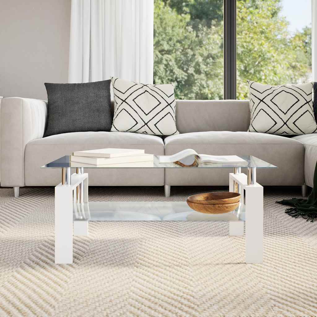 Coffee Table White and Transparent Tempered Glass, Melamine