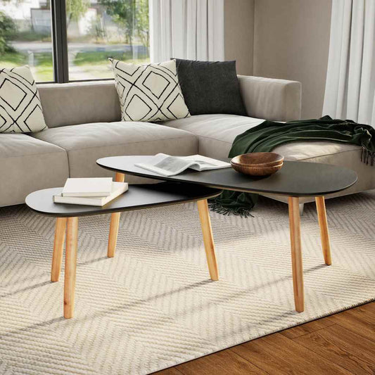 Coffee Table Set of 2 Black Solid pine wood legs, MDF tabletop