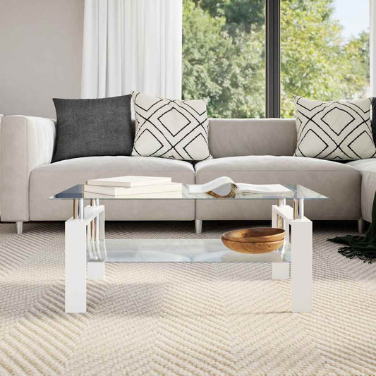 Coffee Table White and Transparent Tempered Glass, Melamine